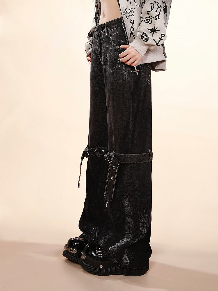 with Adjustable Knee Belt Design Waist Wide-Leg Jeans Black Low