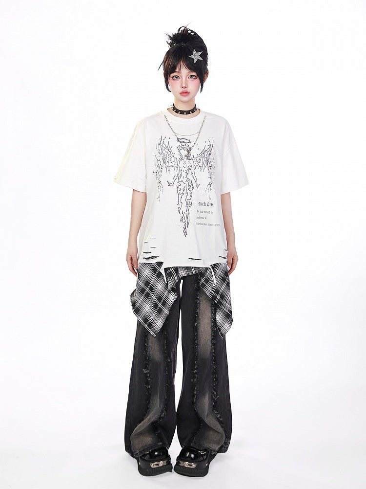 White/Black Distressed T-Shirt with Angelic Outline and Detachable Chain Cross