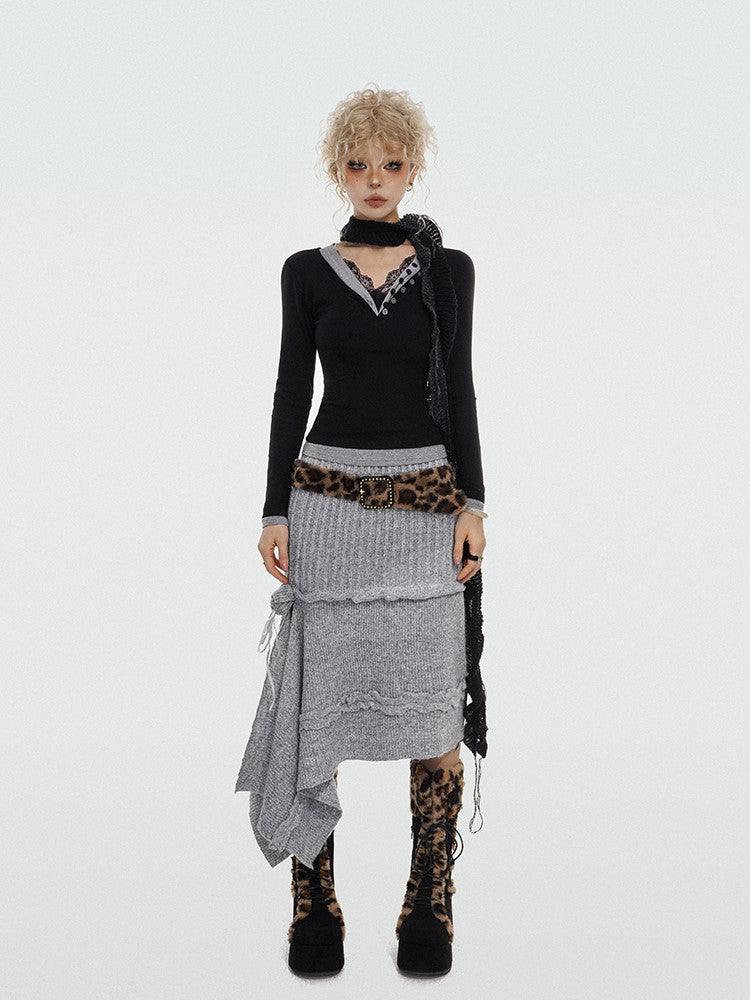 Asymmetrical Grey A-Line Knit Skirt with Rose Ribbon Detail