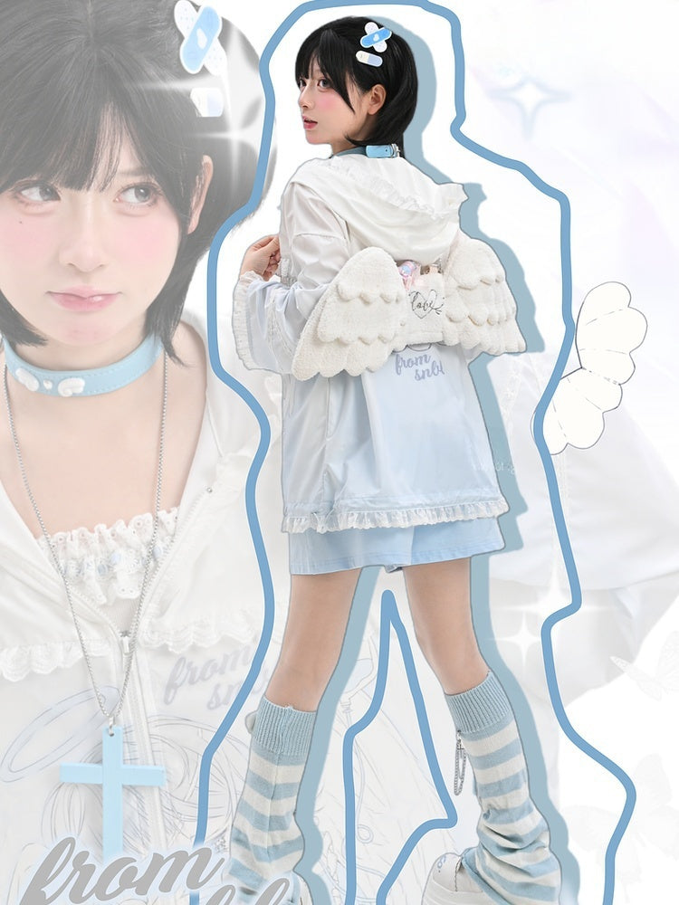 Sonnenschutz mit Kapuze, blau-weiß, Anime-Mädchen-Print, gekräuselter Saum, Jacke, Spitze