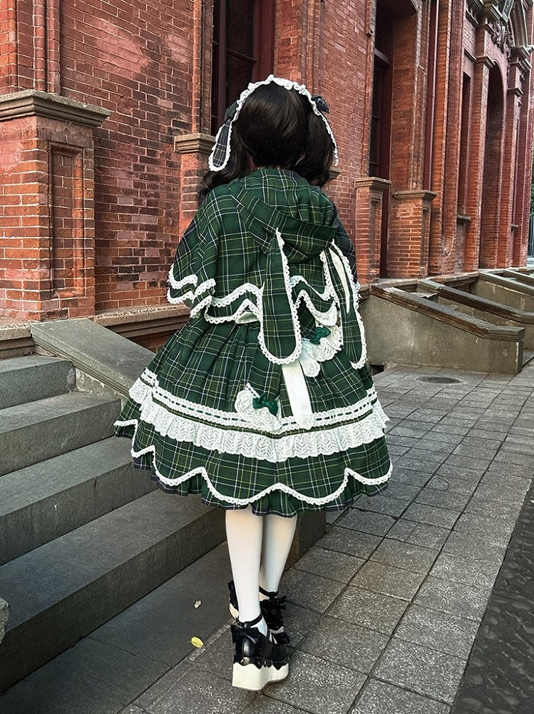 Green Plaid Bunny Ears and Cape Petal-like Trim Hooded with