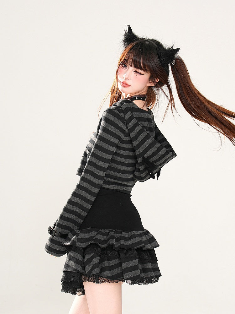 Glamorous Tiered Skirt Black Striped Lace Trim Lace-up Waist