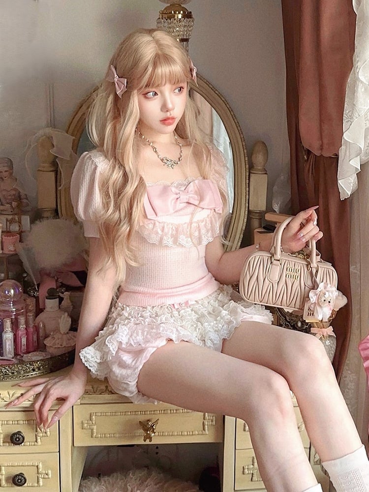 Pink With Sleeve Top Bow Lace Puff Trim Playful Slim-Fit