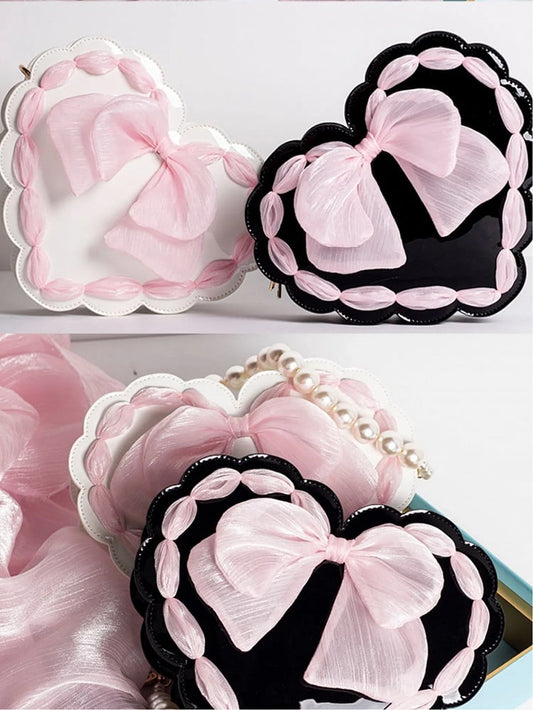 Two with Adjustable Handle Lolita Bag Strap Available Pearl Colors Bow Detail Heart-Shaped