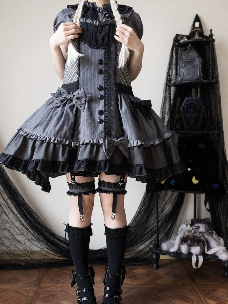 Detachable Bodice Gray Dark Overall Hood Plaid Lolita Ears Bunny Dress with Pattern