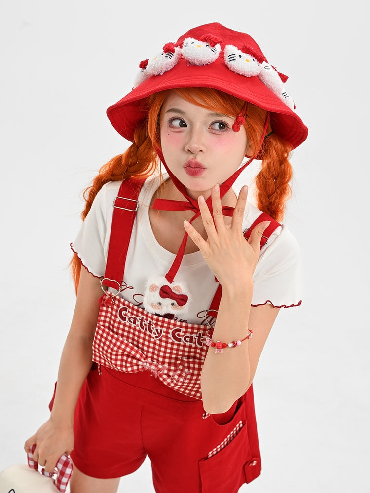 Red Plaid Bowknot Plush Kitty Overall Shorts