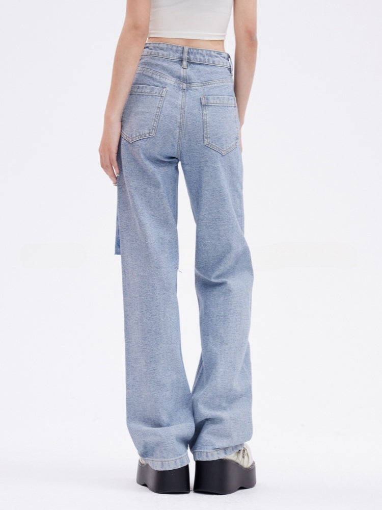 Blue Distressed Hole Jeans Slim-fitting Straight-leg