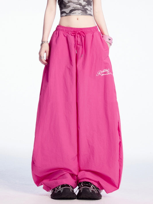 Rose Red Drawstring Waist and Cuffs Wide-leg Casual Pants