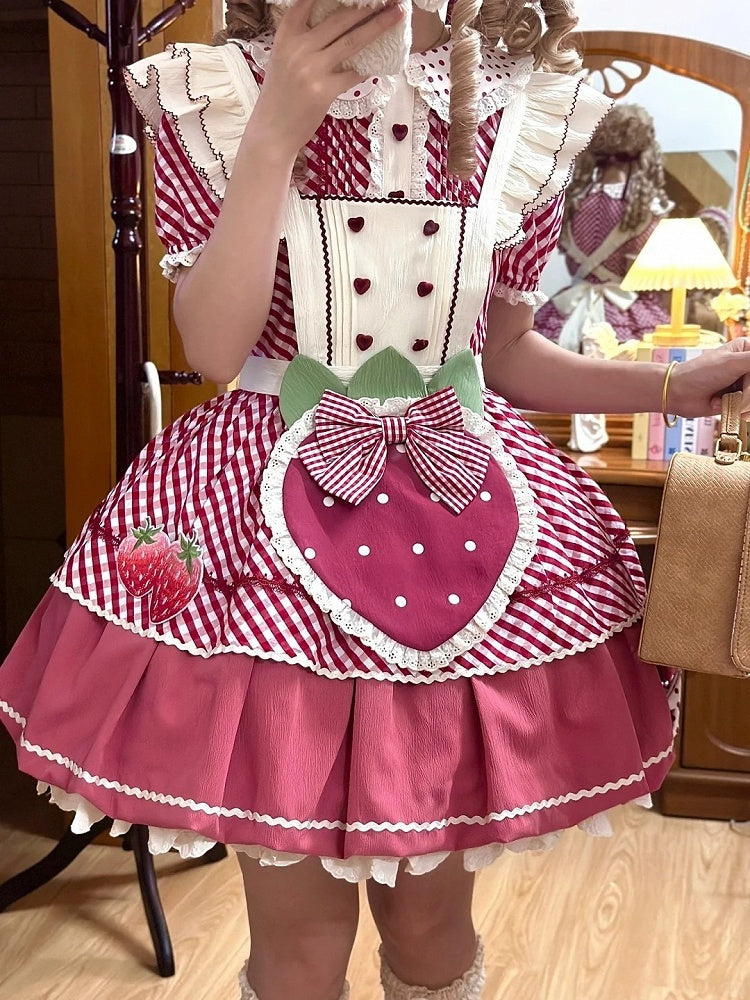 Dress with Plaid Lolita Collar Peter Pattern Strawberry Pan Sweet Pink Apron