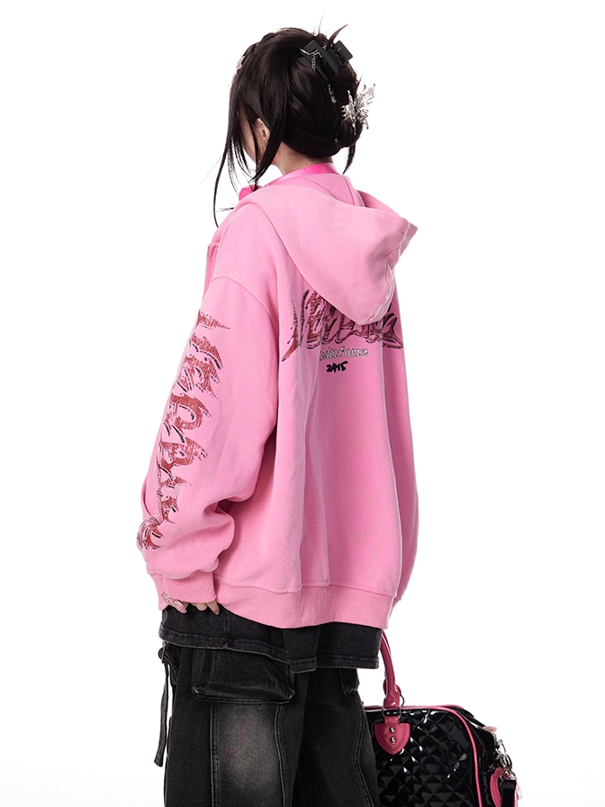 Pink Letter Print Sleeves Zip-up Hoodie Autumn for