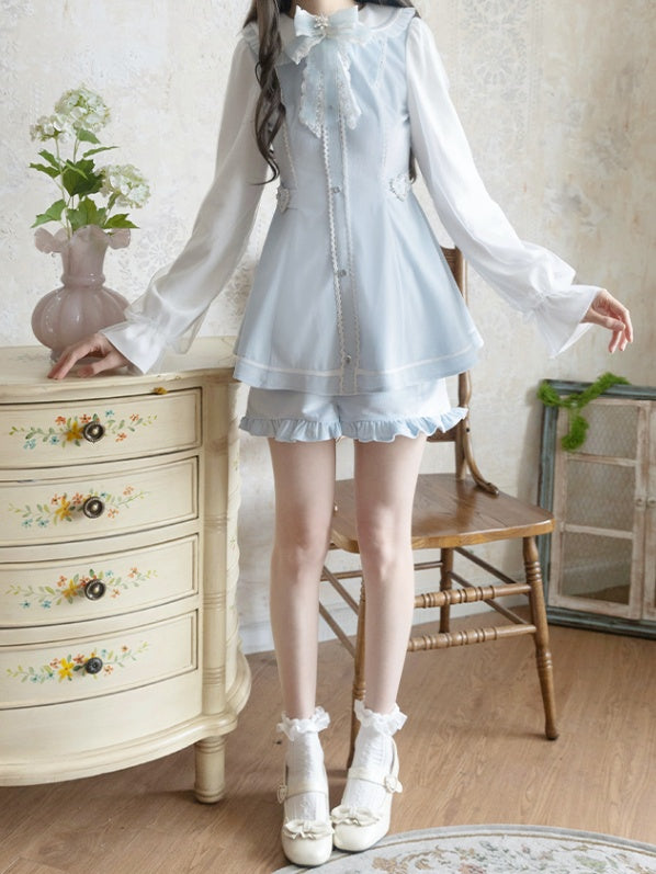 Blaues Minikleid mit Peter-Pan-Kragen + Rüschen-Set – leichte Shorts mit Jirai-Kei-Saum