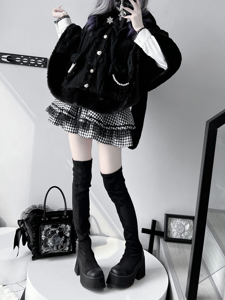 Design Detachable Plush Cape Bowknots Hood Jirai Kei Black Bunny Ears