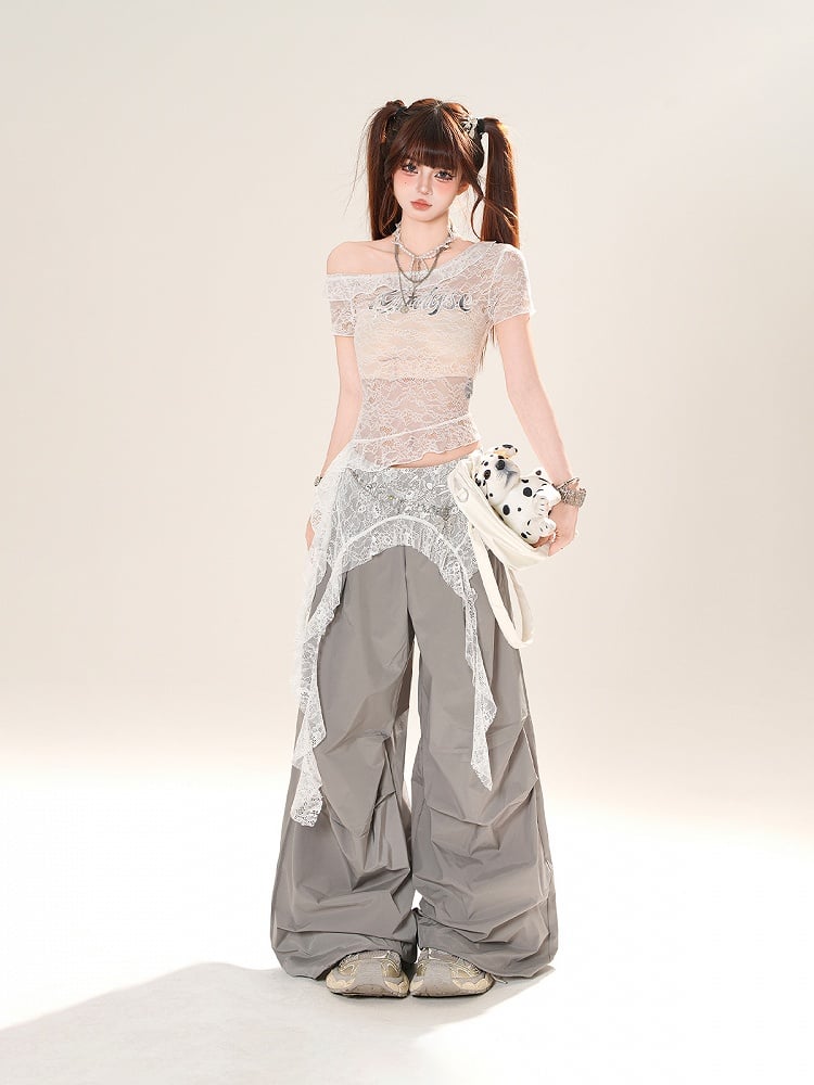 Gray/Black Low Light Rise Wide-Leg Pants with Waist Lace Accessory