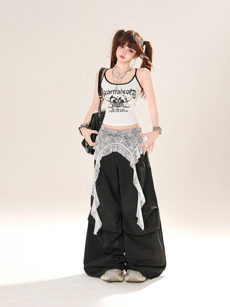 Gray/Black Low Light Rise Wide-Leg Pants with Waist Lace Accessory