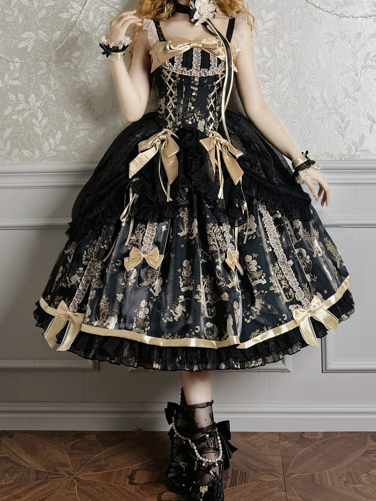 Waist Overlay Lolita and Drawstring Jumper Skirt Corset Black Gold