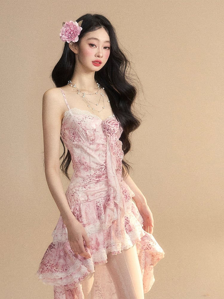 ラッフルドレス スリップトリム カスケードガウンスカート ピンク ティアード ハイロー