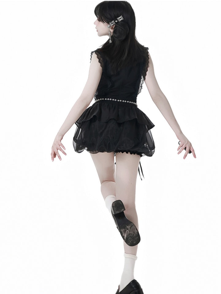 Beaded Skirt Chain with Black Cheongsam Style Banded Collar Mini Dress Bubble Waist