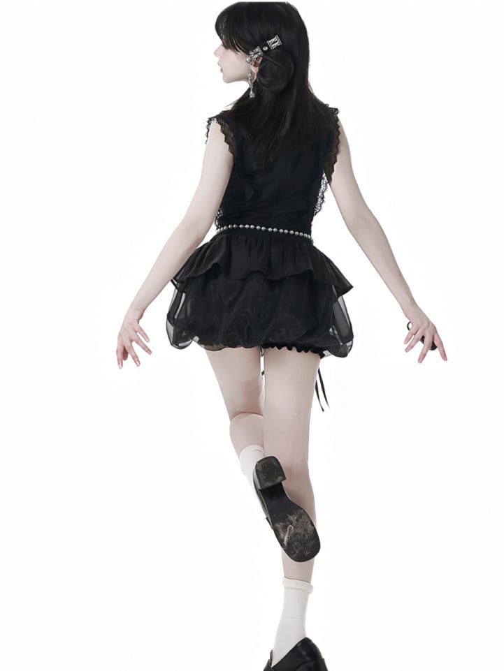 Skirt with Black Cheongsam Style Banded Collar Mini Dress Chain Waist Beaded Bubble