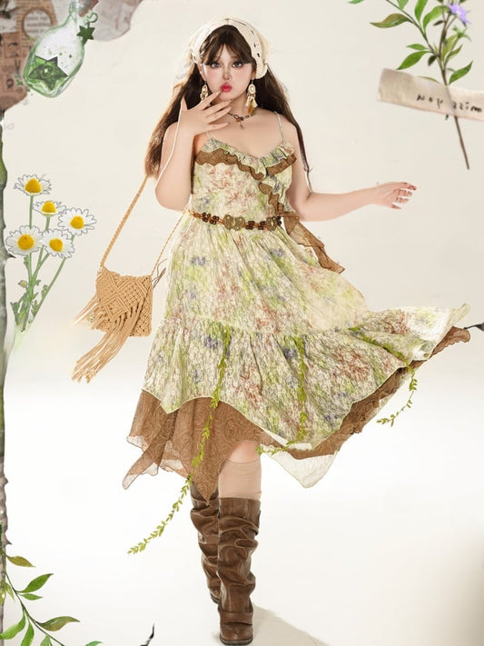 プラスサイズのグリーンのスパゲッティストラップフローラルドレス