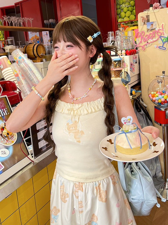 Adorable Bear Print Cami Top Neckline Light Yellow Ruffle