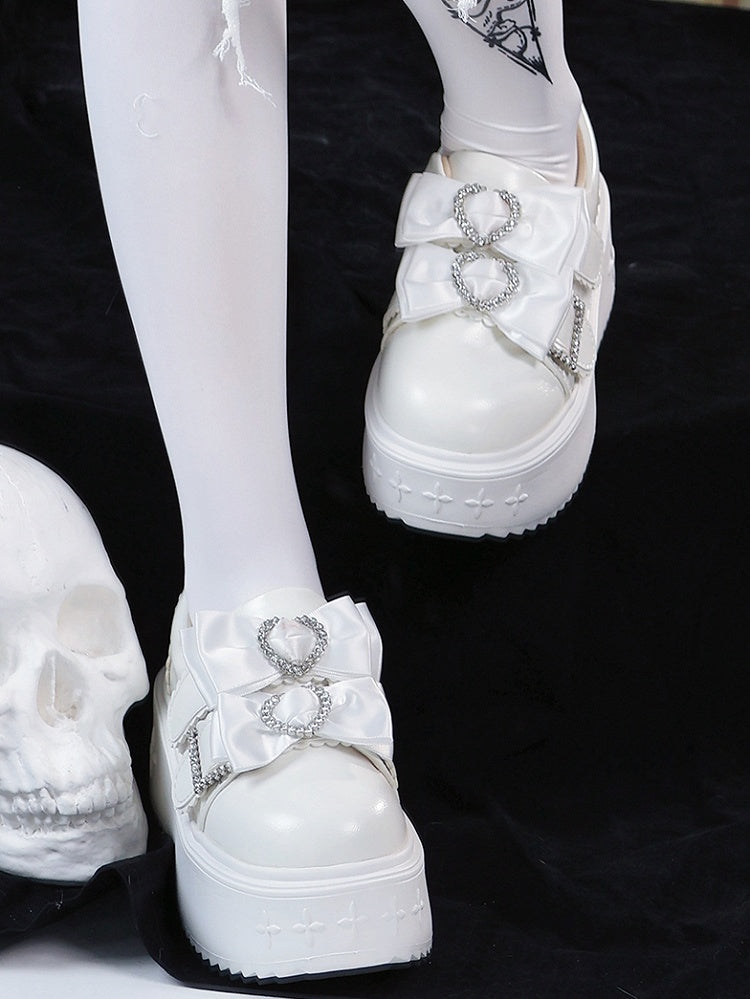 Details PU Kei White Rhinestone Shoes Version Platform Bow Heart Decor Slip-in Fit Jirai Design Regular/Thicken in