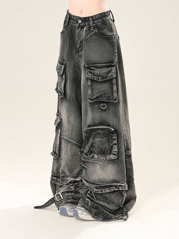 Black Low Rise Cargo Pockets Wide-Leg Jeans