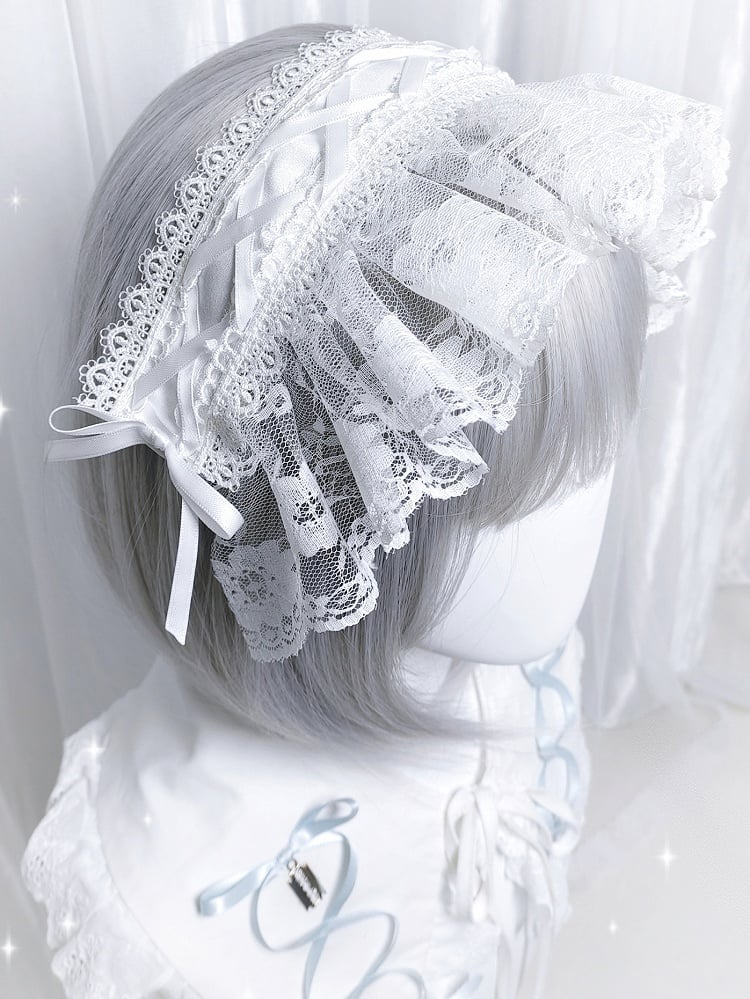 Schwarz/weißes Jirai Kei Criss-Cross-Band-Haarband mit Schleife und Spitzenbesatz