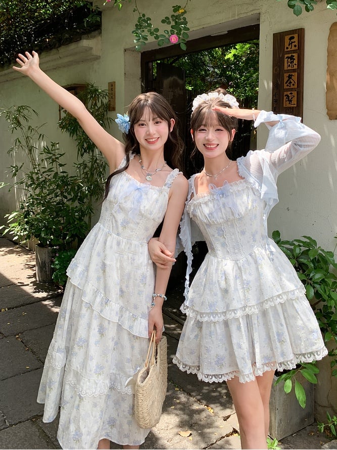 トリムライトブルーの蝶結びカフスのディテールオープンプラケットシフォンカーディガンフリル