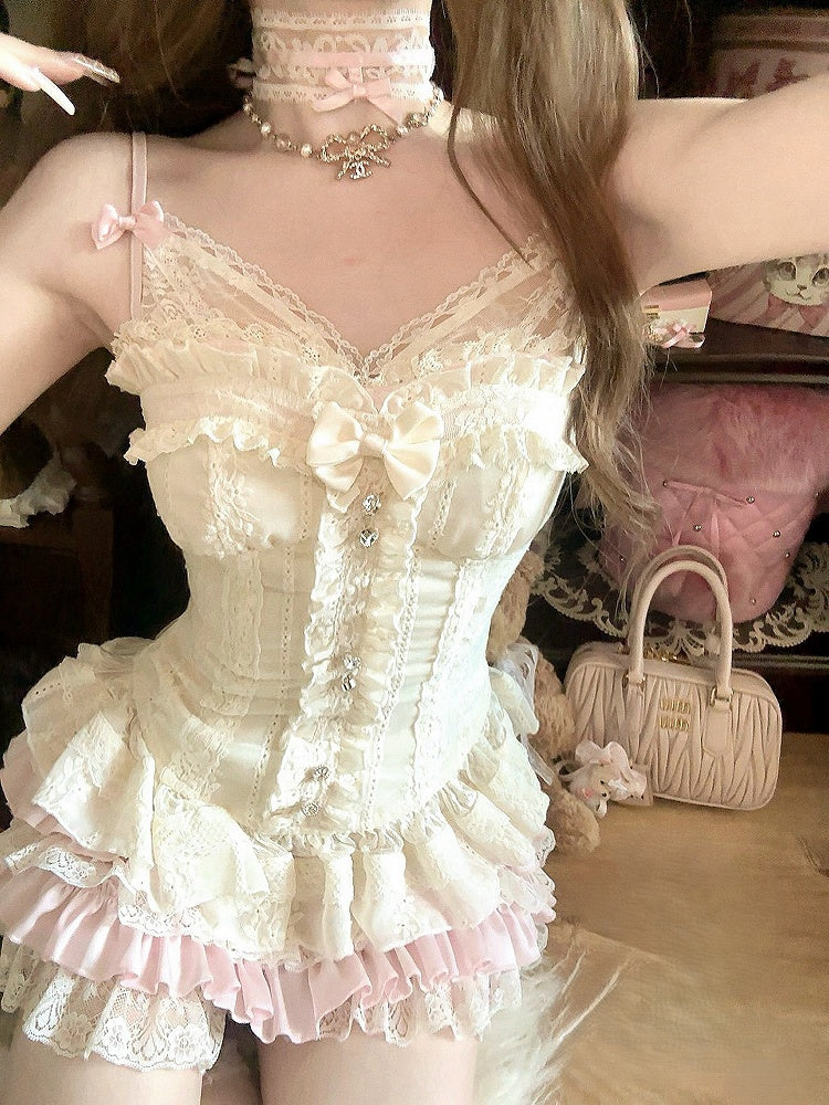 Bustier With Embroidery Corset Floral Lace Bow White Detachable Ruffled
