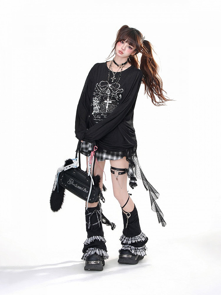 Black/White Semi-sheer Cross Print Drawstring Waist Loose Sweatshirt