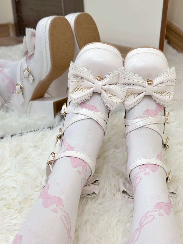 Block Heels Buckles High Bow Detachable Crisscross Design White Top Heart at