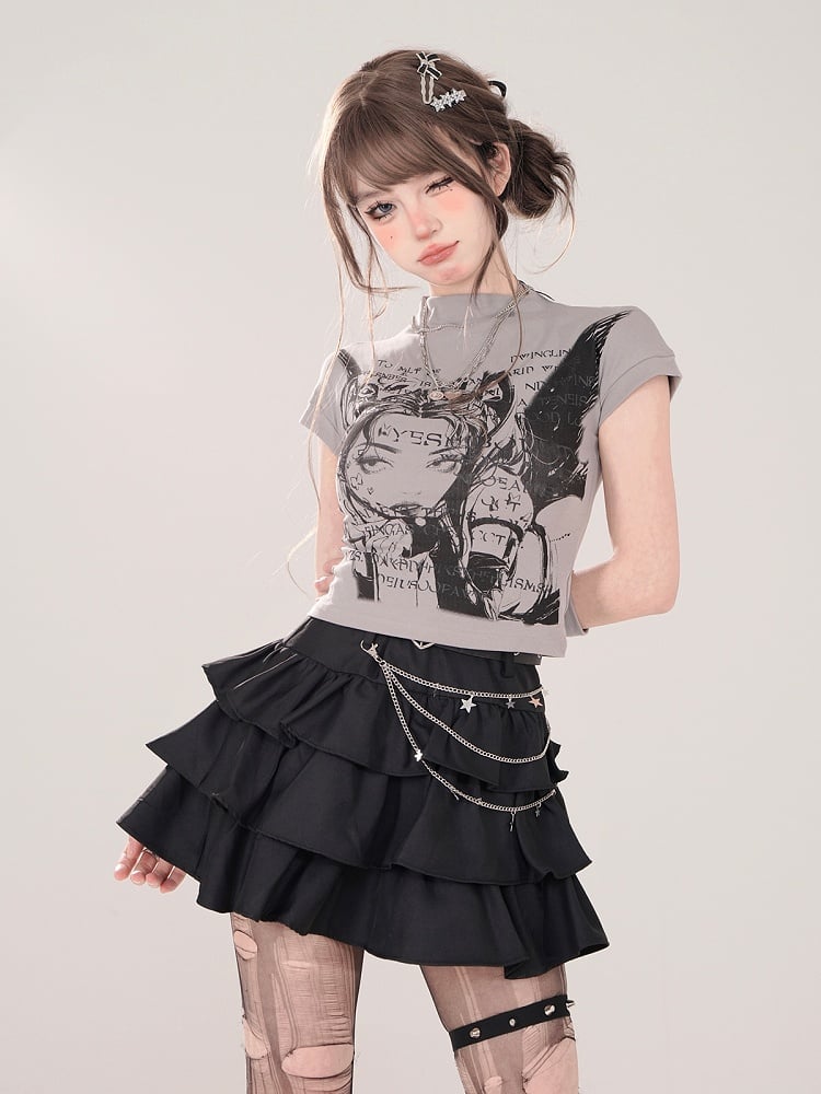 Character Print and Matching Fingerless Gray Mock Neck T-shirt with Manga Gloves