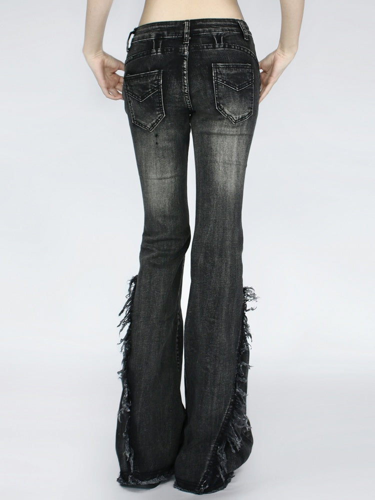 Cuffs- Slim Fit Raw Vintage Blue/Black Low Waist Flared and Jeans with Frayed