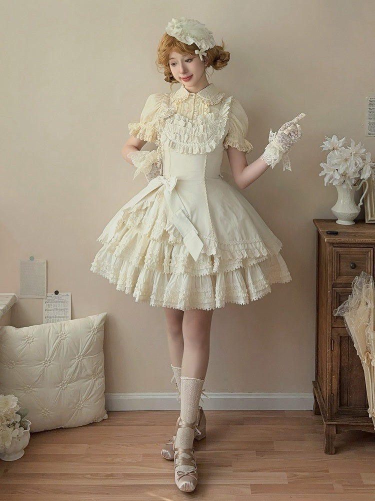 Beige Elegant Slim Fit Waist Tiered Skirt Lolita Jumper Skirt