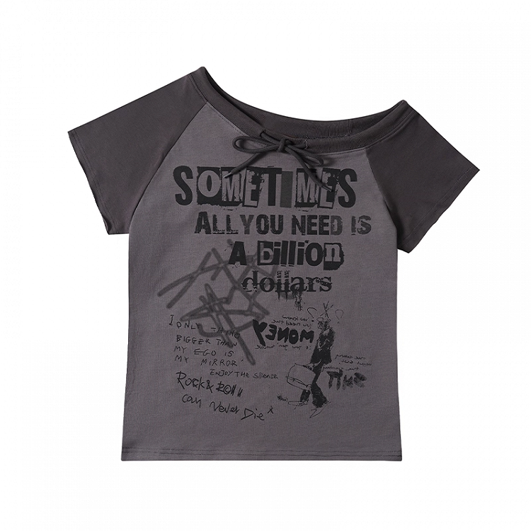 Ausschnitt Grau/Apricot Design Grafik Colorblock Asymmetrisches T-Shirt Selbstbinden