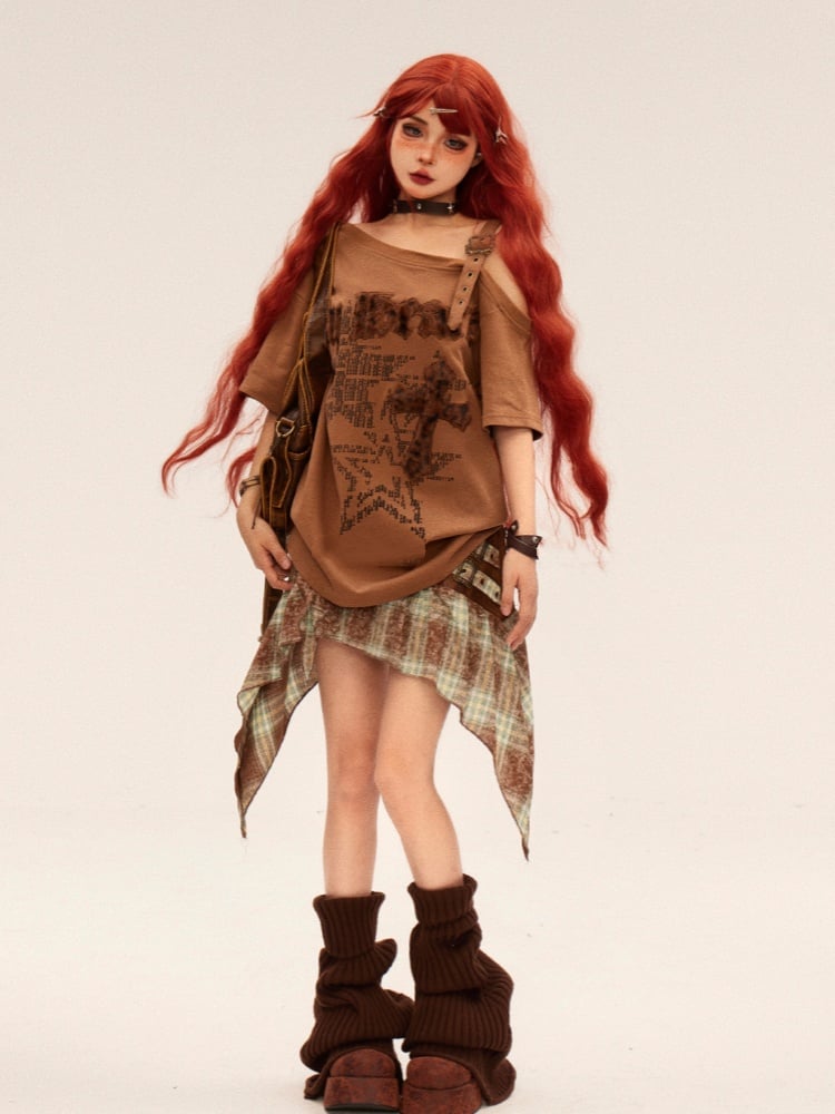Fashion Gyaru Asymmetrical T-shirt Neckline Leopard Cross Applique Brown