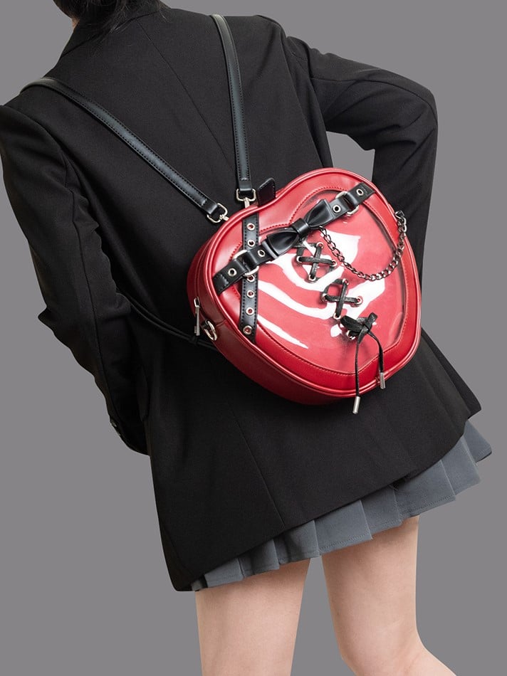 Charming Red Apple-Shaped 2-Way Ita Backpack With Black Belt And Bow Accents Small