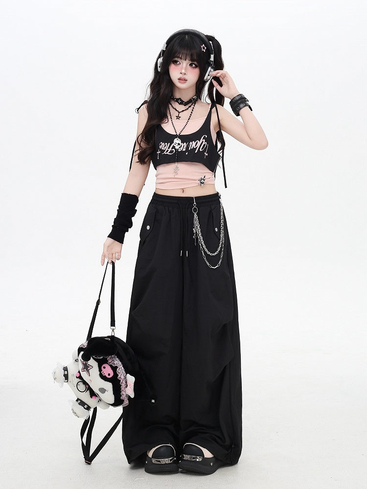 Black Punk Pants Accessory Waist Asymmetrical with Drawstring Waist Wasteland