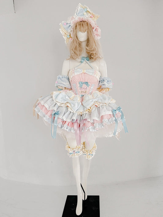 ピンクとブルーのスイートプリンセスパフィーティアードフリルスカートボーンドレス