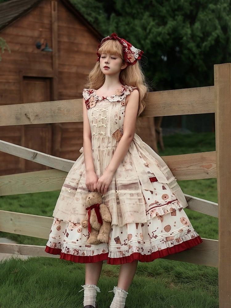 Set süßer Hamster, dreieckiges rotes Kekskleid, Kopftuch und bedruckte Lolita-Broschen, Schürze, voll + weiß