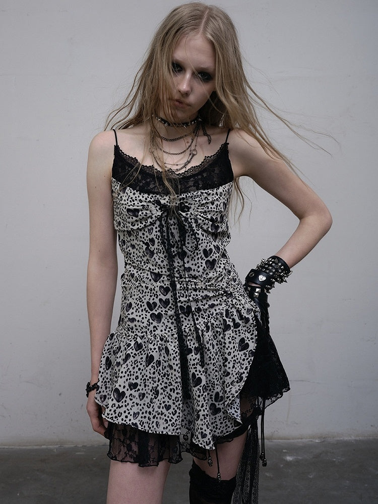 Self-tie Trim BlackWhite Asymmetrical Hem Strap Lace Cami Dress Print Glamorous Heart