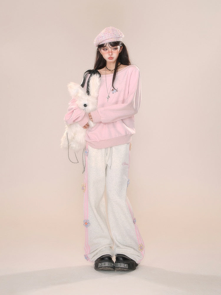 Design Straight-leg Floral Gray/Pink Cut Pants