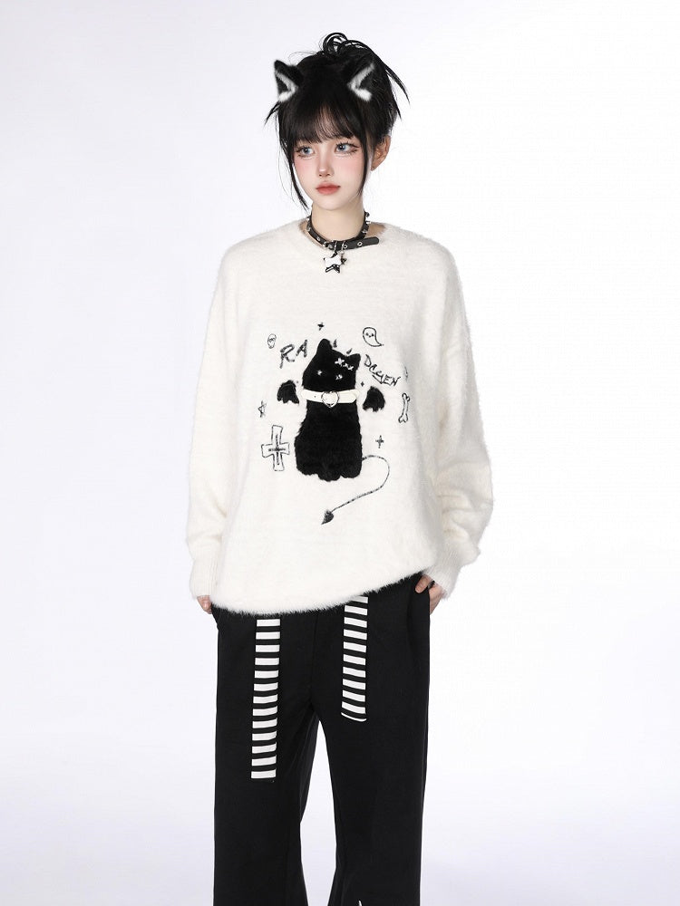 Detail Cat Belt Sweater Collar Knit Flocked Embroidery - Kawaii White/Black