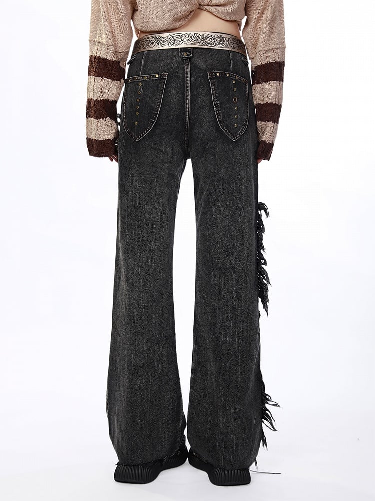 Gray Flared Wide-Leg Jeans with Distressed Raw Hem Details