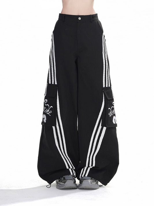 Black & White Cargo Pockets Wide-leg Loose Pants