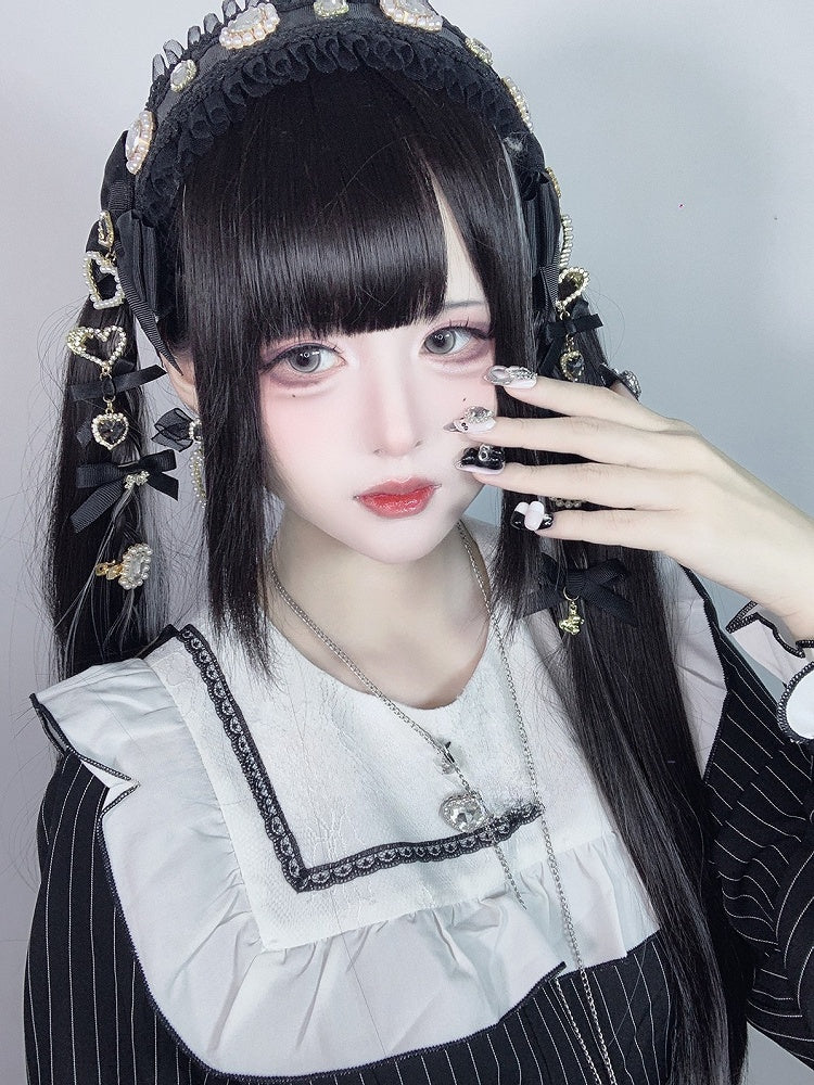 Highlight Bangs With Length And Silver Wig Black 70CM Straight