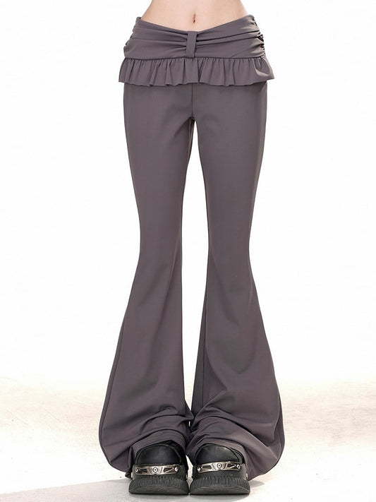 Grey Ruffled Trim Slim Fit Flare Pants