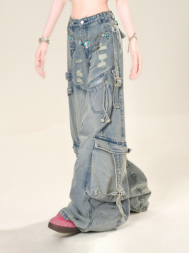 Wide-Leg Jeans Cargo Pockets Blue Distressed Holes Buckle Straps