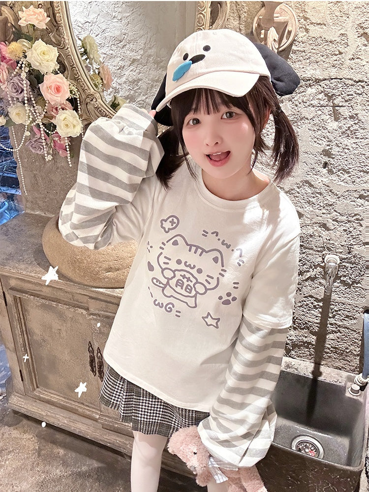 White Kitty Print Striped Long Sleeves T-shirt