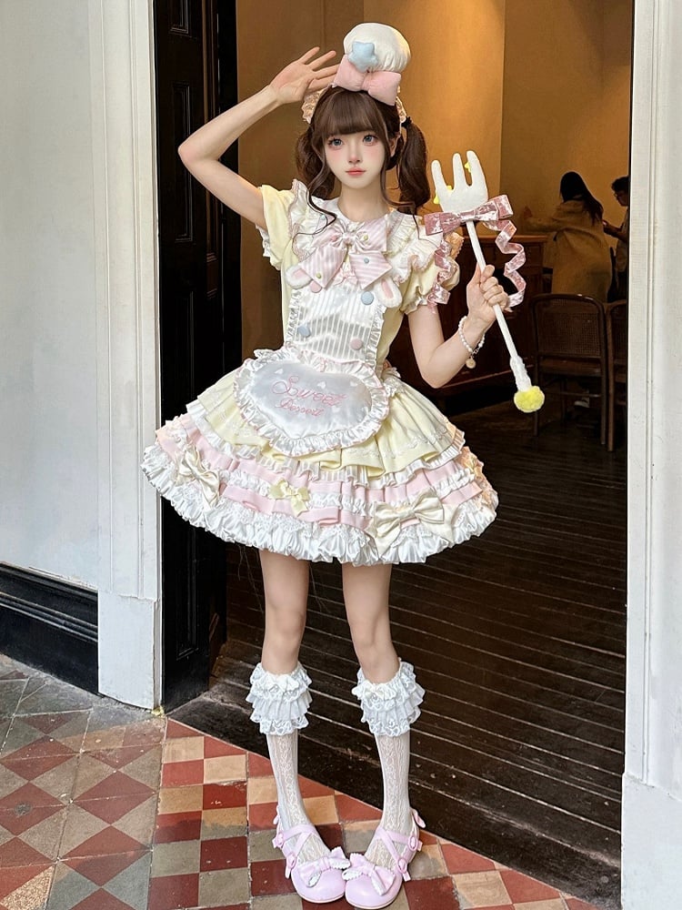 Theme Pink Yellow and Sleeves Puff Lolita Maid Sweet Bunny Dress